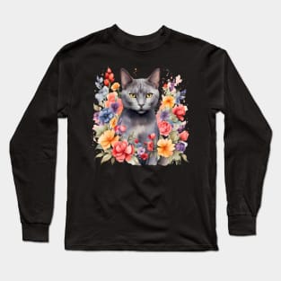 A russian blue cat decorated with beautiful watercolor flowers Long Sleeve T-Shirt